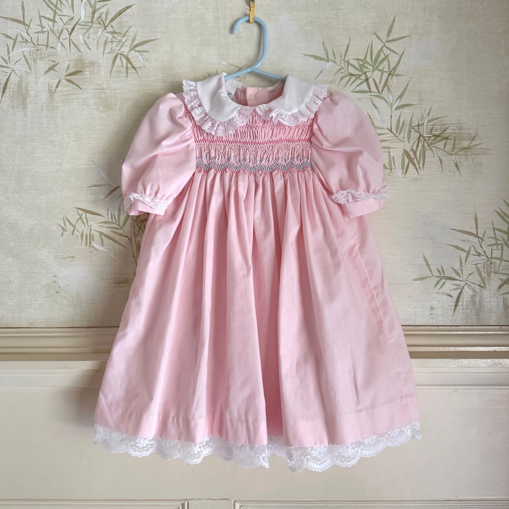 Vintage Polly Flinders Smocked Dress Pink Lace Peter Pan Collar Puff Sleeve 4T